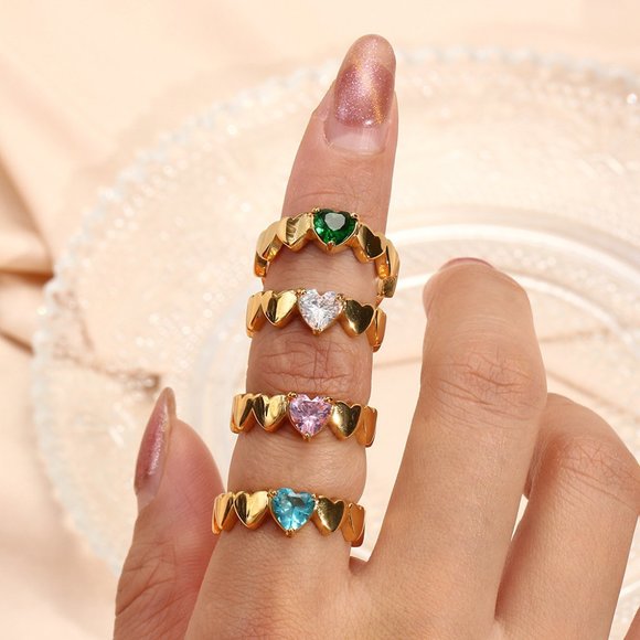 18K Gold Plated Light Blue Heart Zircon Ring Stainless Steel - Picture 1 of 8